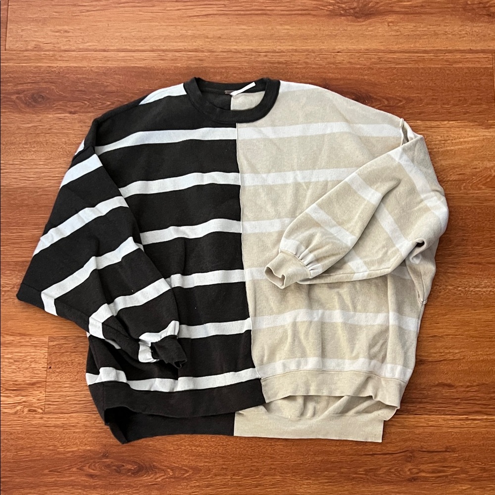 Free People Black and Cream Striped Crewneck Sweater